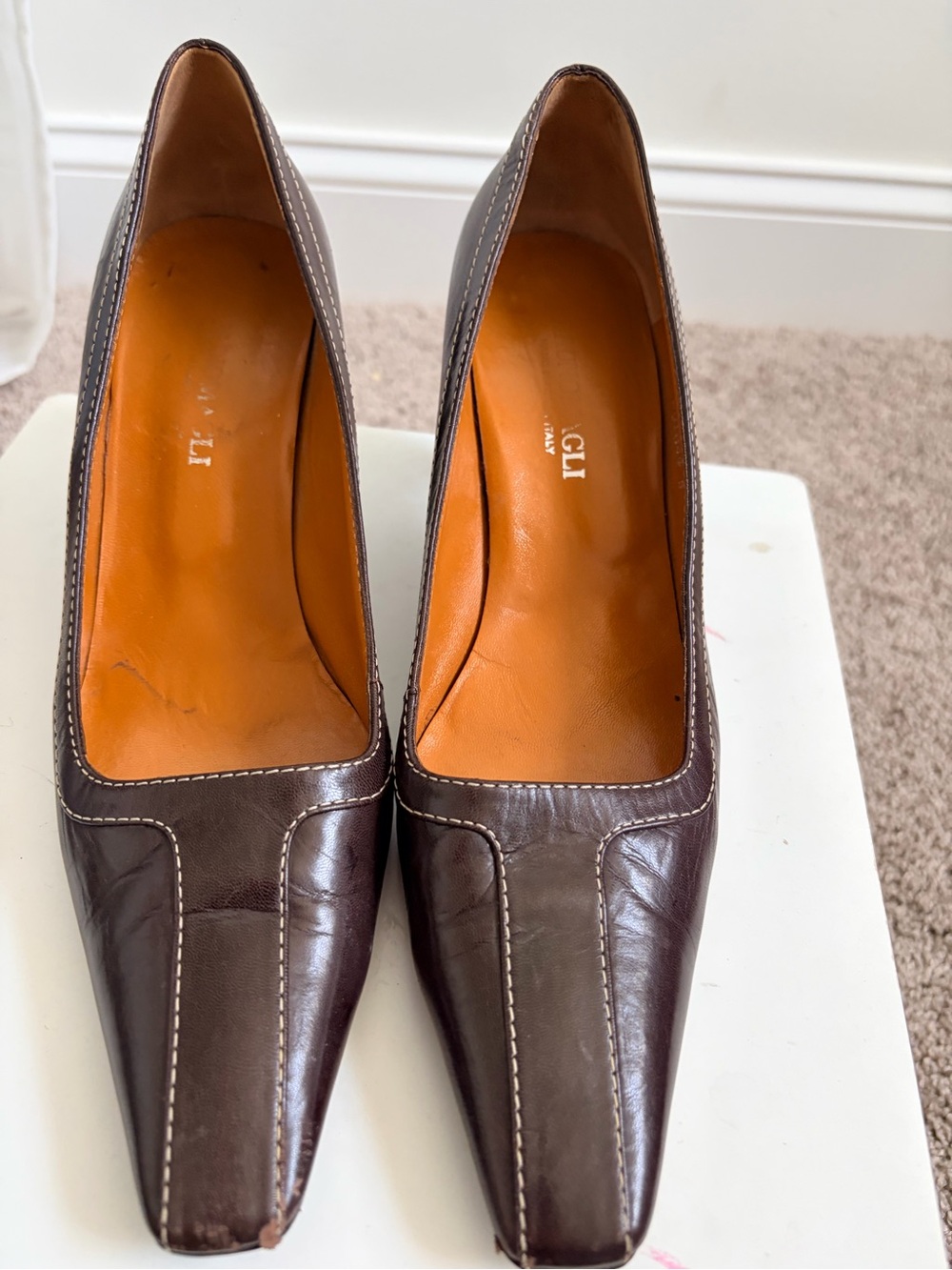 Bruno Magli Brown Leather Square-Toe Pumps with Orange Insole